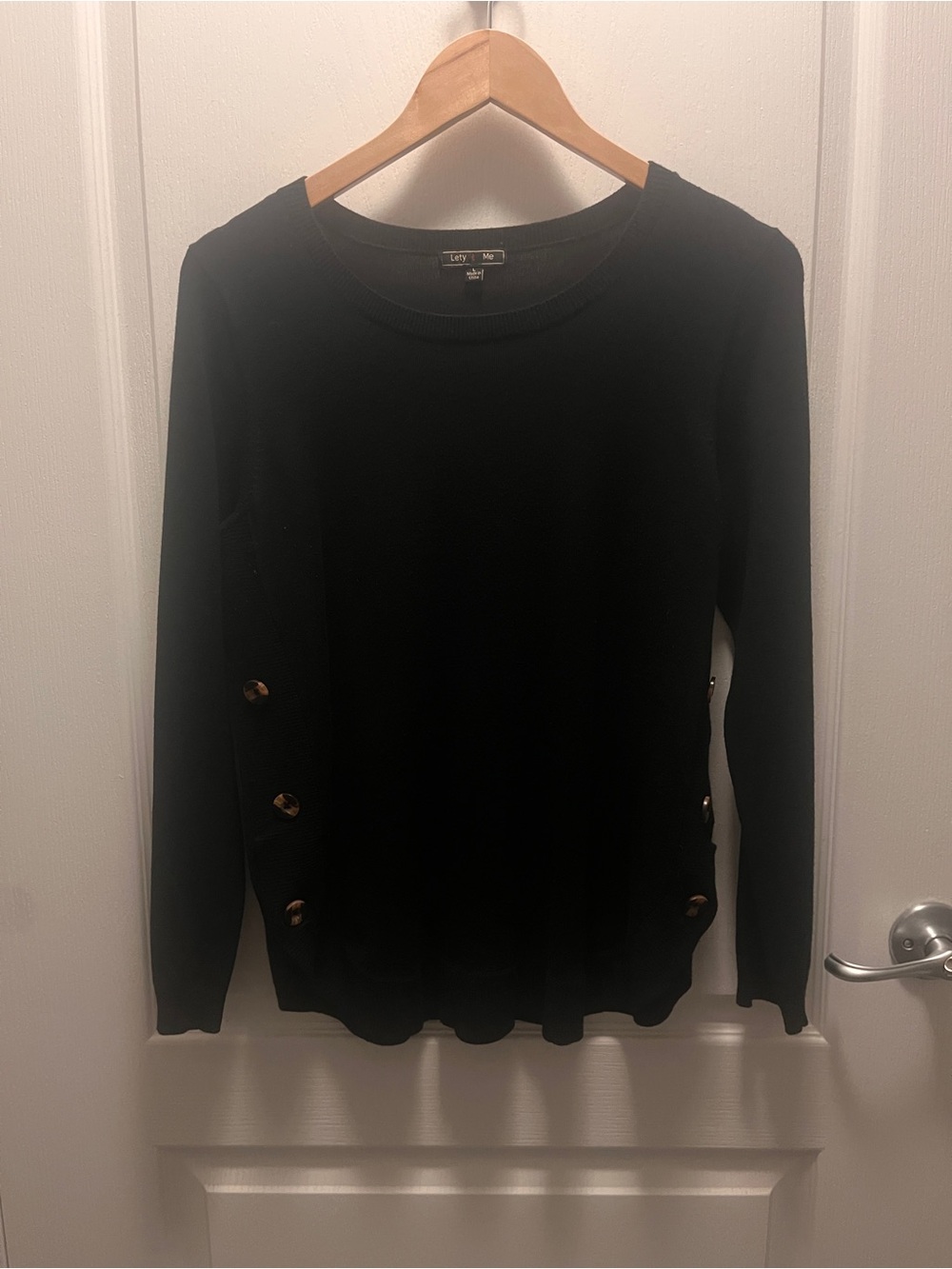 Women's Black Crewneck Sweater with Side Button Detail